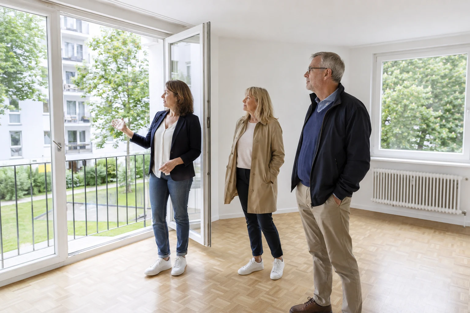 Paar und Beraterin besichtigen eine helle Stadtwohnung mit Balkon